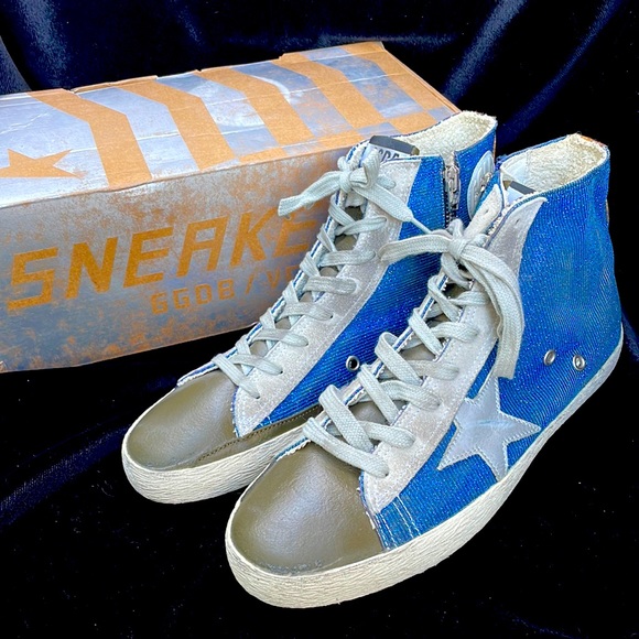 GOLDEN GOOSE FRANCY CHAMELEON BLUE HIGH TOP LEATHER SNEAKERS - 9 - NIB !💙💜 - Picture 1 of 11